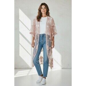 Dizzy Gal pink Lace Floral kimono swim cover Up boho cottagecore Romantic Large